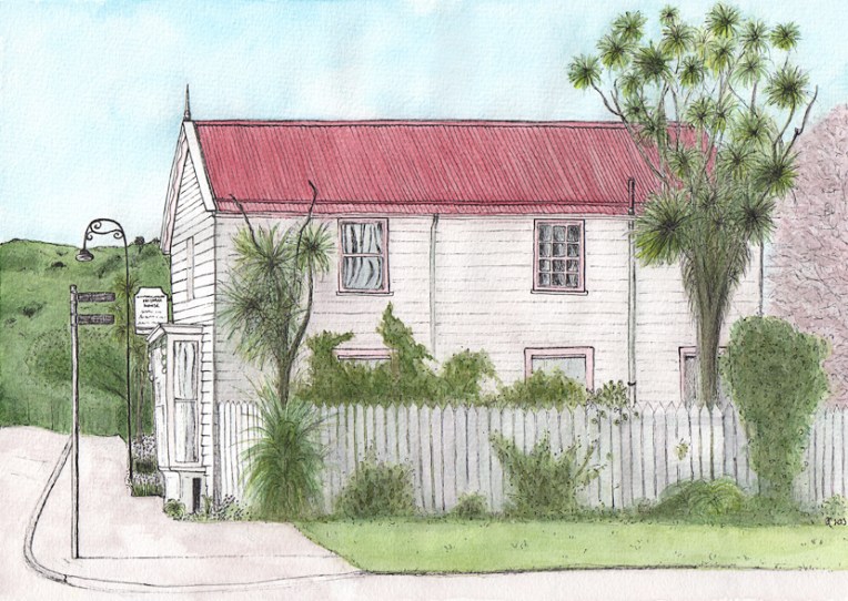 Windermere, Akaroa – ink and watercolour, 210 x 295 mm, 2013