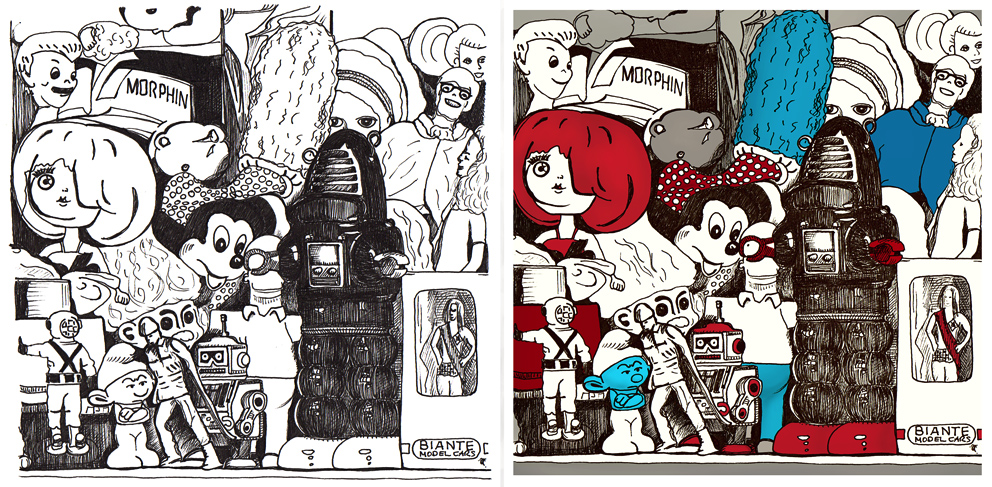 Toy museum – ink sketch and final image.
