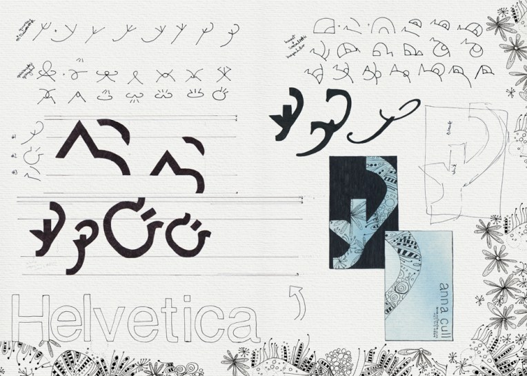 Personal logo and business card – recreating the logo using parts of a single typeface Visual diary, two-page spread – ink and digital, student project, 2010