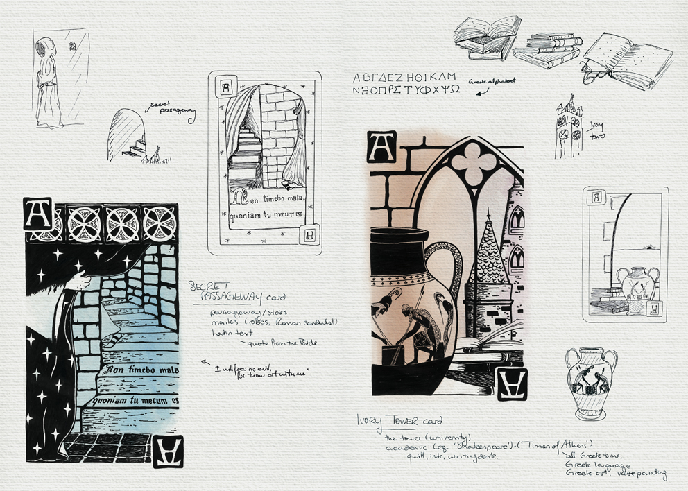 Playing cards ‘Secret Passageway’ and ‘Ivory Tower’ – refining the compositions and final illustrations  Visual diary, two-page spread – ink and digital, 2010