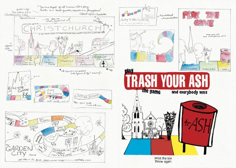 ‘Trash your ash – play the game and everybody wins’ – sketches and final illustration Visual diary, two-page spread (student project, 2011)