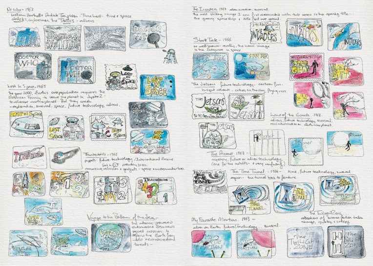 Science Fiction stamp design – sketches Visual diary, two-page spread  (student project, 2011)