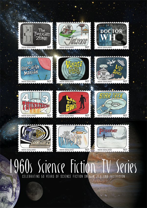 Science Fiction stamp poster (594 x 420 mm) Background stars and planets courtesy of the Internet Student project, 2011