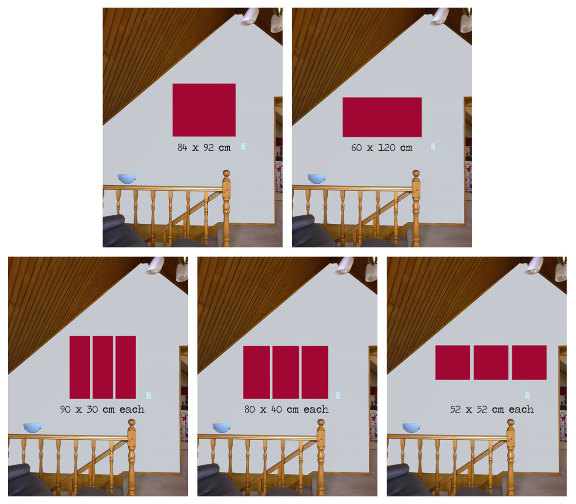Mock-ups showing various options – the client chose the bottom left triptych