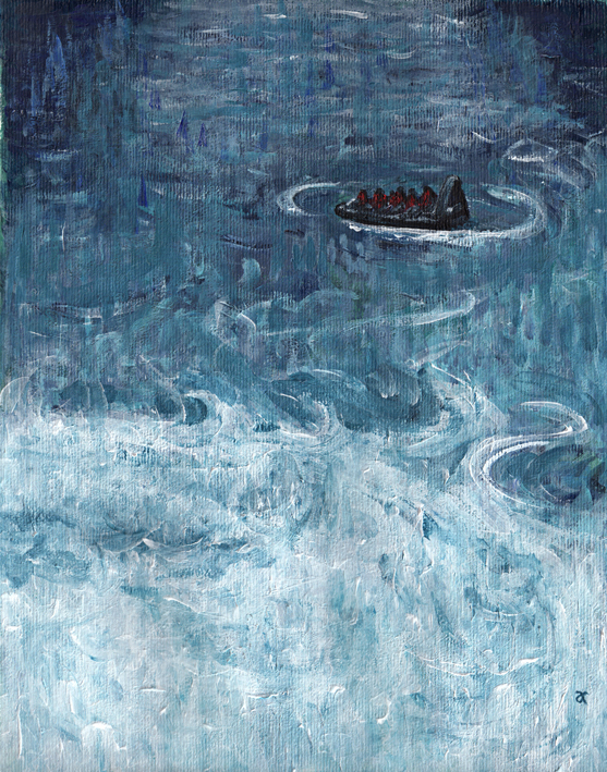 Riding the waves – acrylic on paper, 355 x 280 mm, 2013.