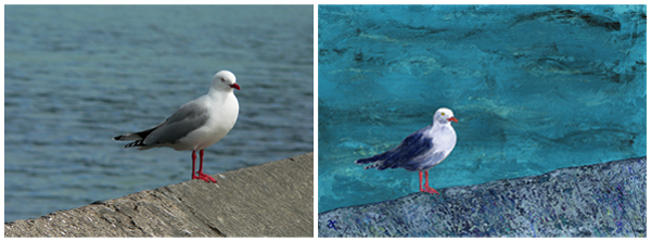 Seagull, Akaroa, 2012 and the original mixed media painting, 2013