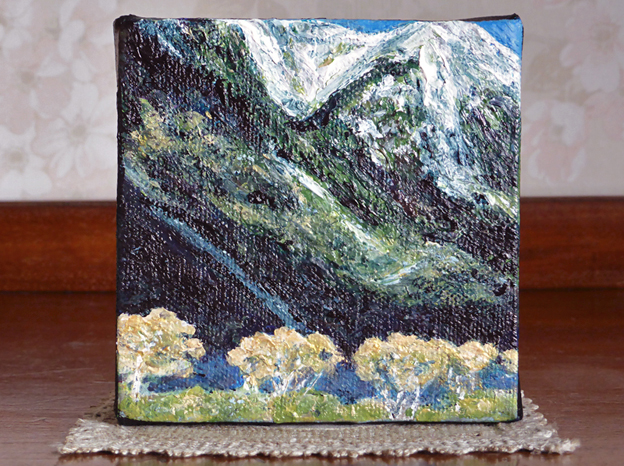 Where shadows grow long at the foot of the mountain, ghost trees shine like gold. Acrylic on canvas, 102 x 102 mm, 2014