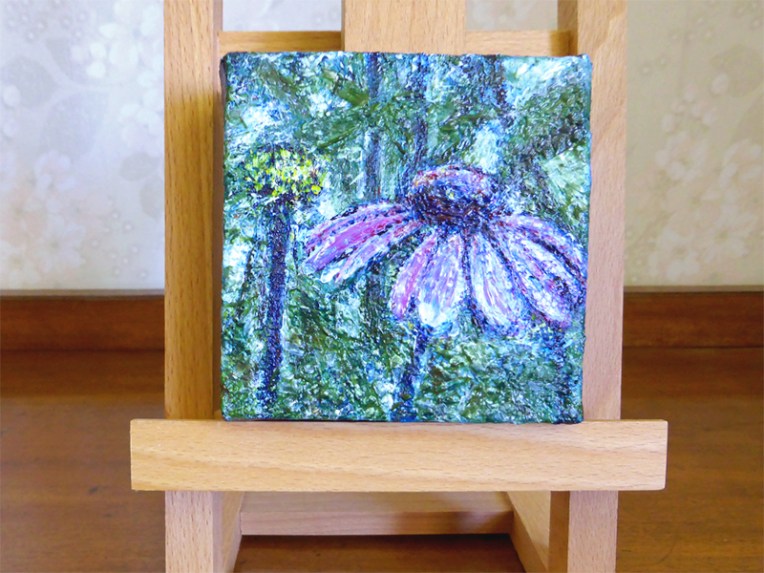 The Purple Garden — acrylic on canvas, 102 x 102 mm, 2014. For sale.