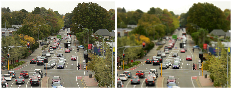 Straven Road photograph with ‘tilt shift’ effect – Christchurch, 2013