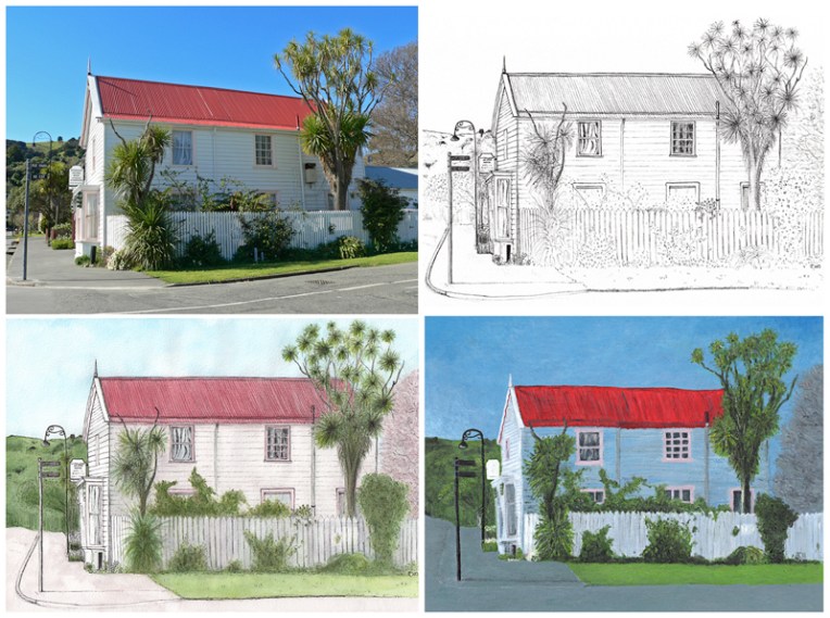 Windermere House, Akaroa — photograph, ink sketch, watercolour and acrylic painting, 2012