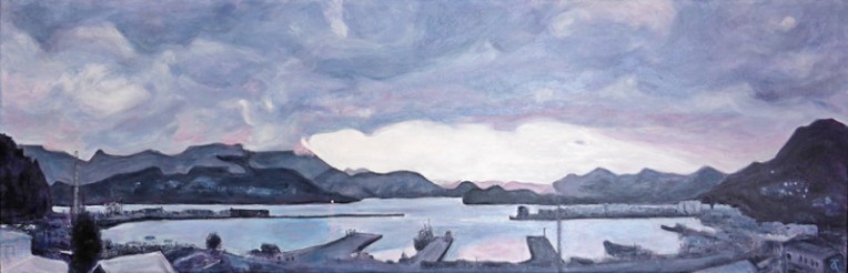 Lyttelton Harbour – acrylic on canvas, 305 x 915 mm, 2015. For sale at The Christchurch Art Show, June 2015. 
