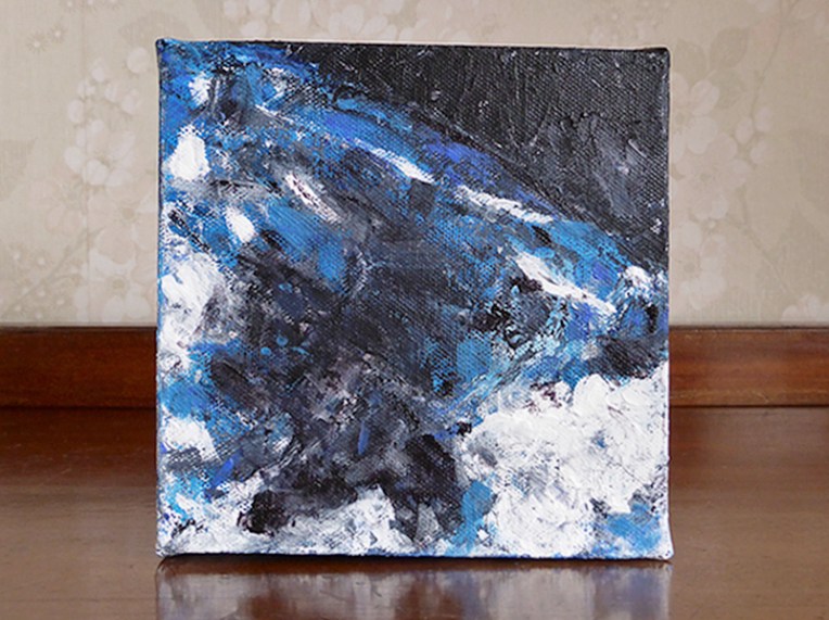 Blue Planet – acrylic painting with haiku title, 150 x 150 mm, 2015