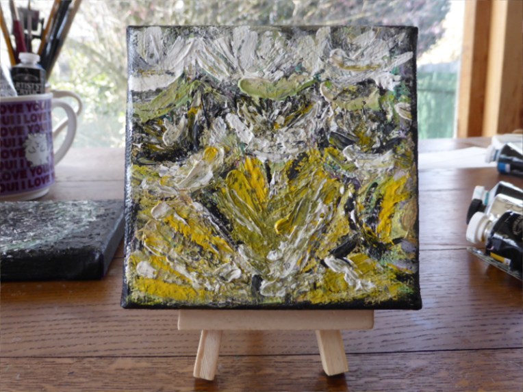 Dandelion Study #1 – acrylic on canvas, 100 x 100 mm, 2016. Available on Etsy.