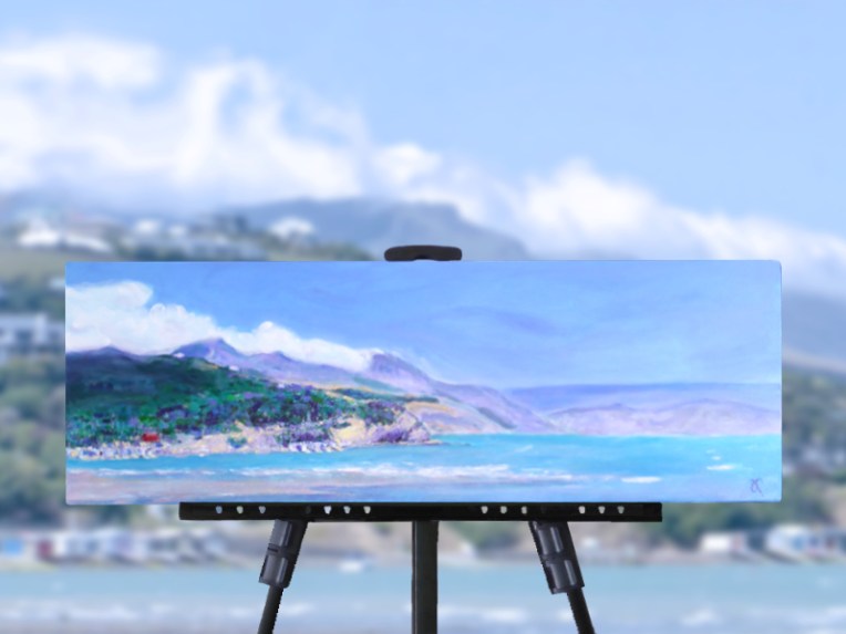 'Boatsheds' (10 x 30 inches), the Banks Peninsula coastline and boat sheds along Duvauchelle Bay near Akaroa, NZ