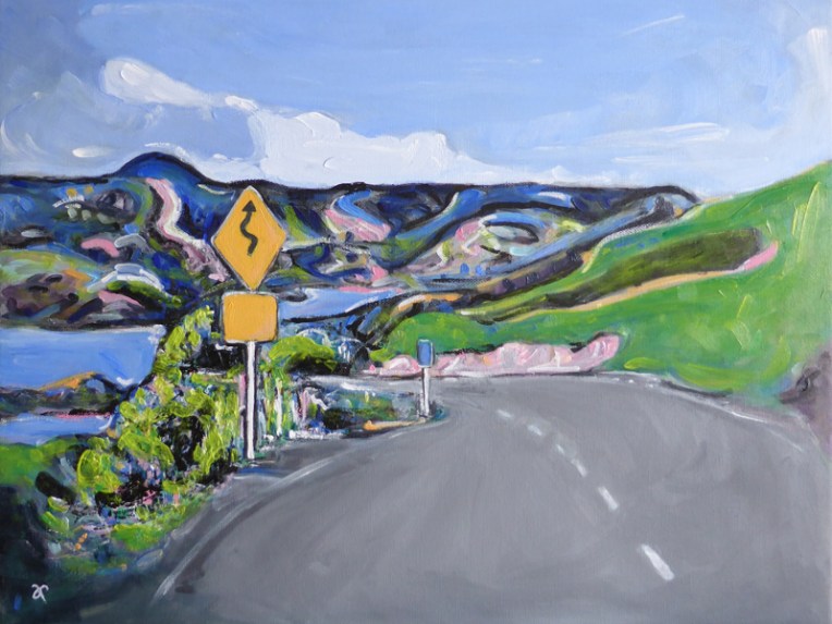 Curves Ahead – acrylic on canvas, 400 x 505 mm, 2016. Available for purchase.