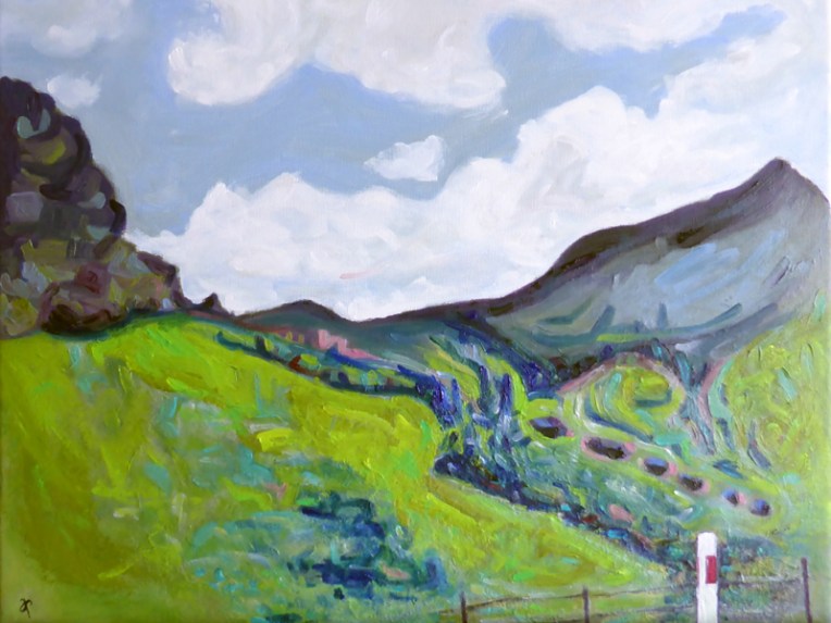 Summer Hills – acrylic on canvas, 400 x 505 mm, 2016. Available for purchase.