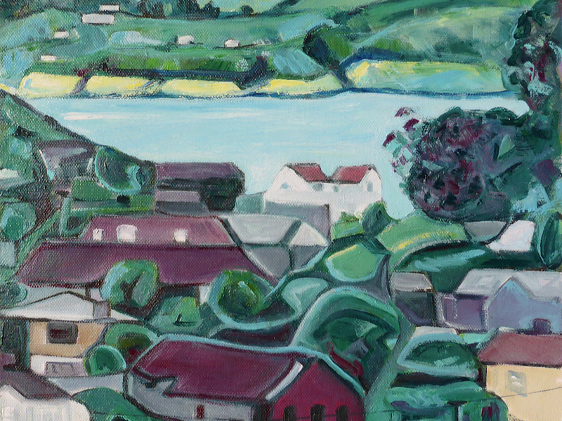 detail of an acrylic painting on canvas of houses and trees painted in a semi-abstract style