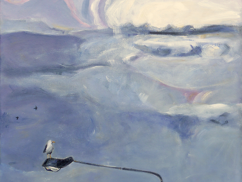 detail of a painting of a seagull on a street light with dramatic clouds, painted mainly in blue-greys in a semi-abstract style