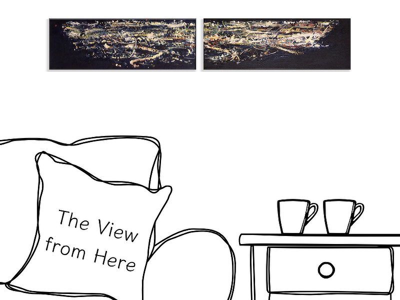 final two paintings shown in the context of a line-drawn living room to give an idea of the size