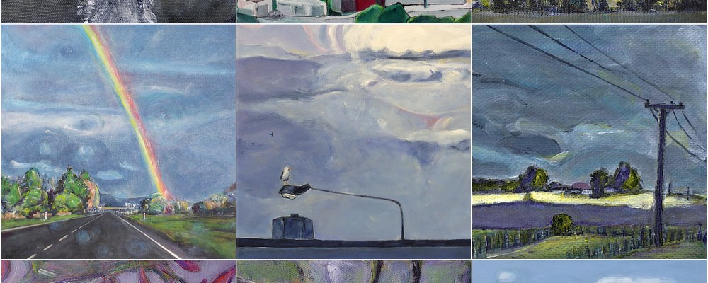 a nine-grid square of Anna Cull's art from the last year: an emu portrait, New Zealand landscapes, flora and fauna paintings