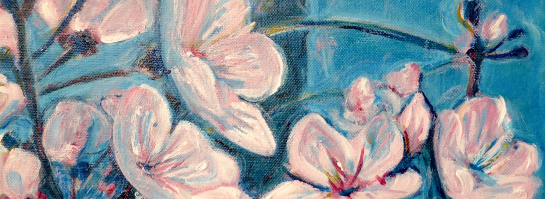 acrylic painting of pink blossoms against a blue sky background by Anna Cull