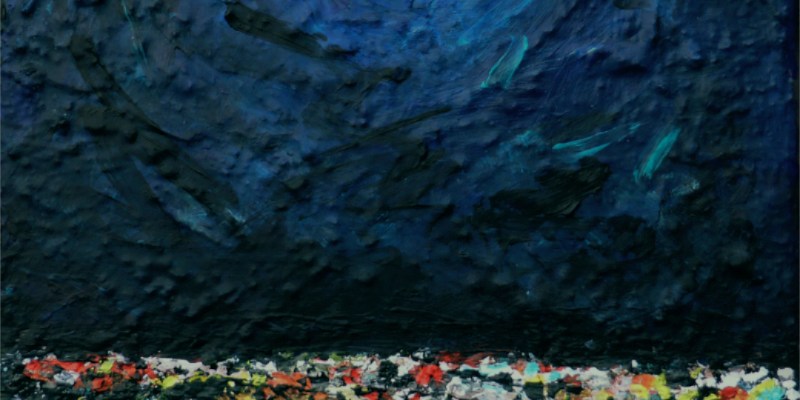 a small painting of a full moon over an abstract city at night by Anna Cull