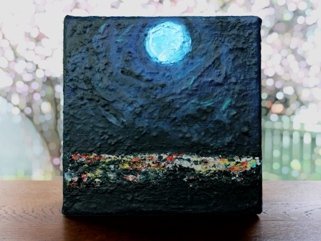 a small painting of a full moon over Christchurch City at night by Anna Cull