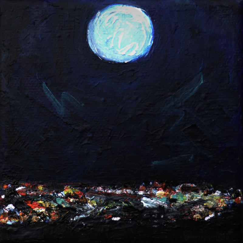 a small painting of a full moon over Christchurch City at night by Anna Cull