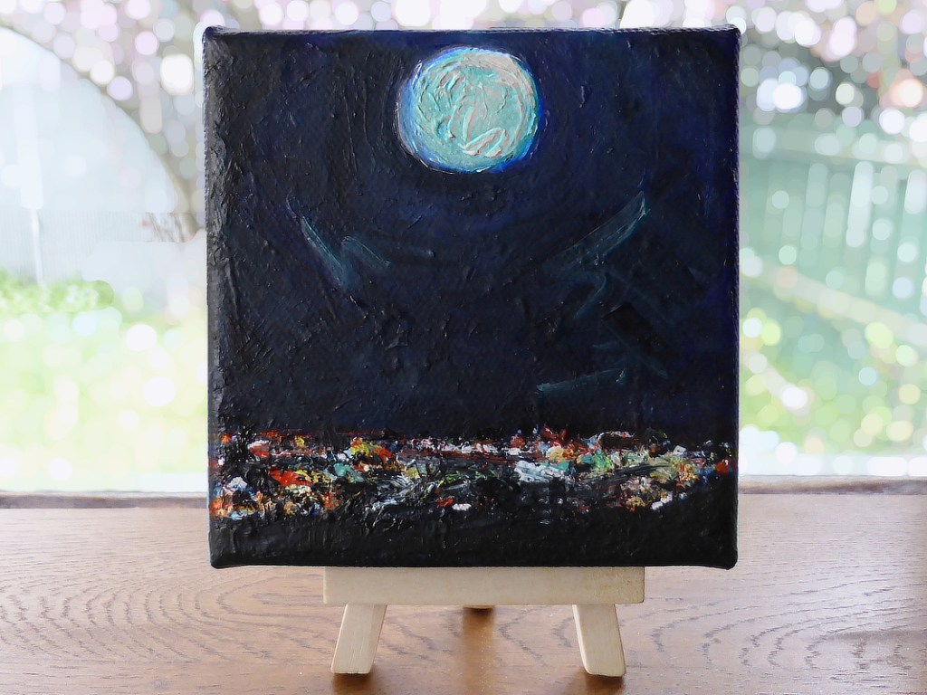 a small painting of a full moon over Christchurch City at night by Anna Cull