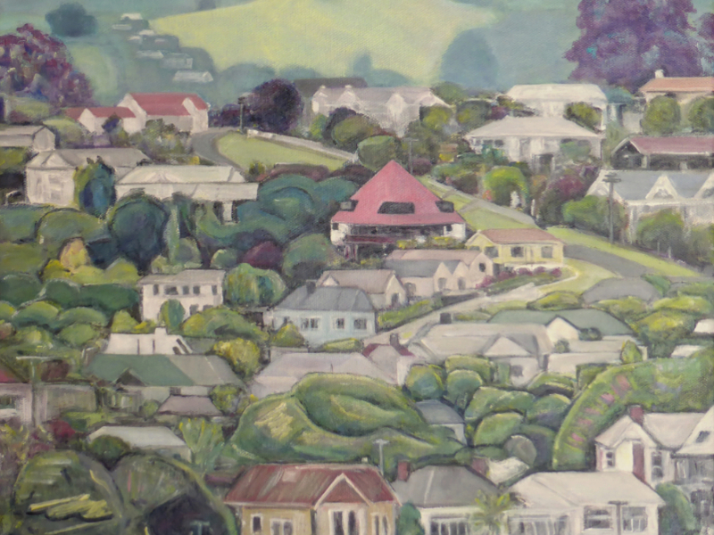 acrylic painting detail of houses and trees painted in a semi-abstract style