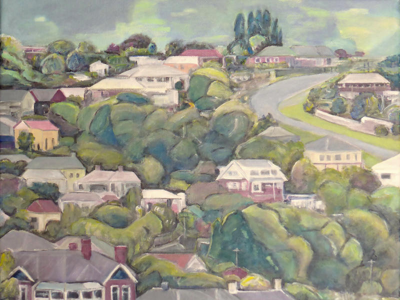 painting detail of houses and trees painted in a semi-abstract style