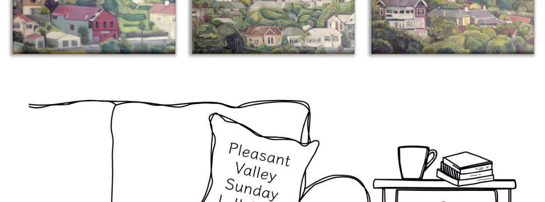 three paintings shown together in the context of a line-drawn living room to give an idea of their size and how they look hung together as a triptych