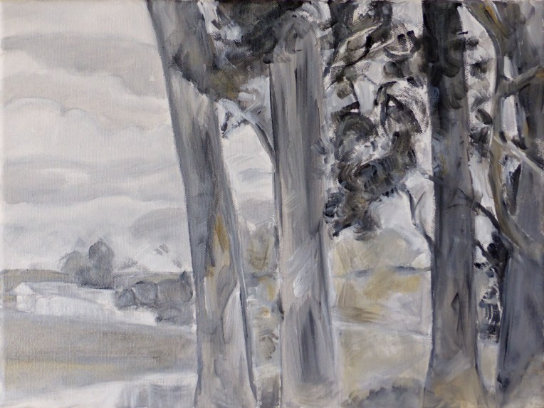 work in progress tonal underpainting in greys, white and touches of yellow ochre