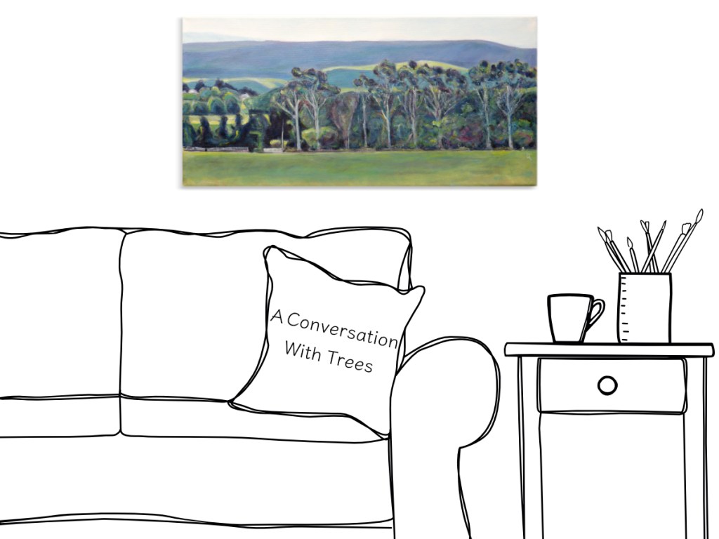 final painting of a row of trees with green grass in the foreground and soft blue mountains in the distance, presented in the context of a line-drawn living room to give an idea of the size