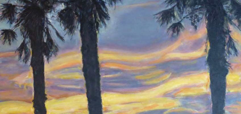 final painting of yellow, orange and purple clouds with the silhouette of three tall palm trees in the foreground