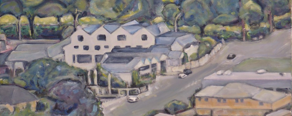 final painting of buildings and trees in the foreground, and the green trees of Latimer Square park in the background