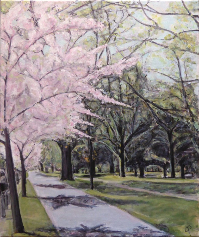 final painting of pink cherry trees lining a footpath bordering Hagley Park in Christchurch, New Zealand