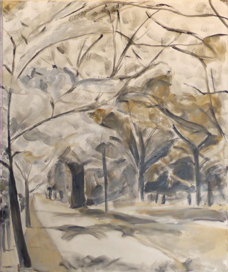 work in progress underpainting in greys, white and yellow ochre