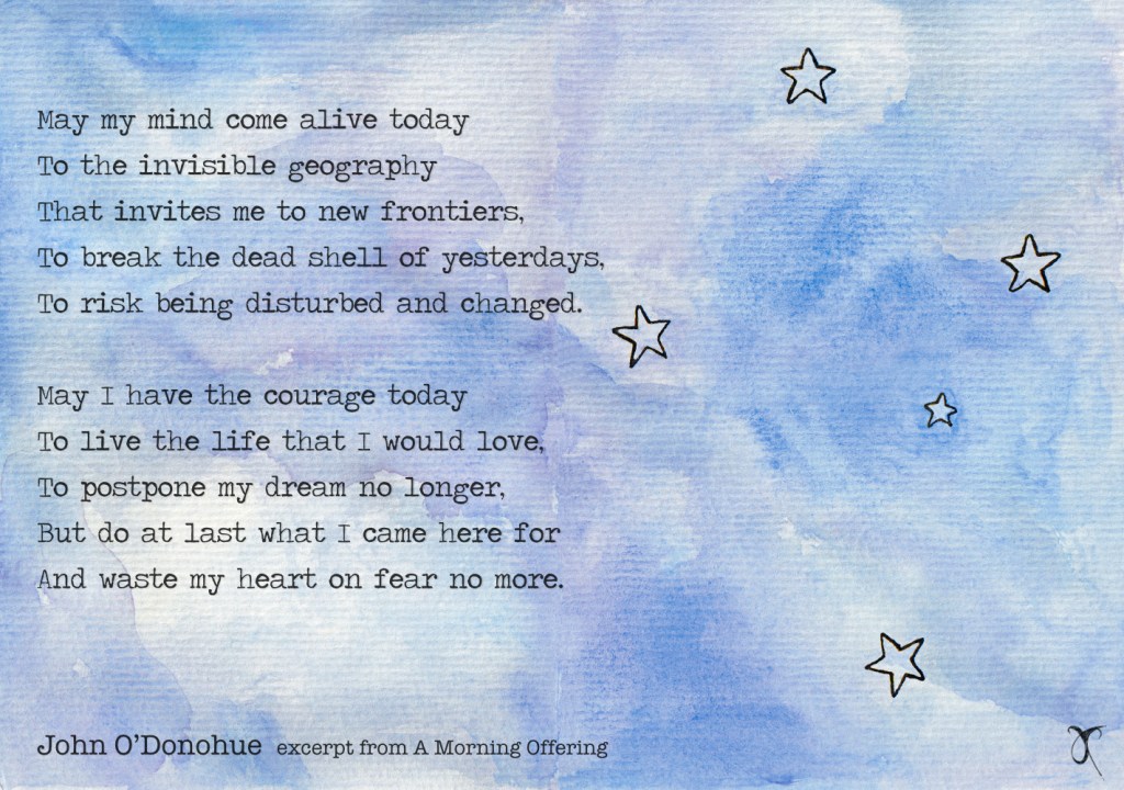 John O'Donohue blessing  for a joyful and creative future with a background watercolour artwork by Anna Cull